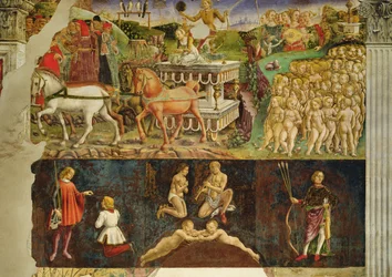 Allegorie des Mai: der Triumph des Apollo, astrologische Symbole des Zwillings, 1469-70